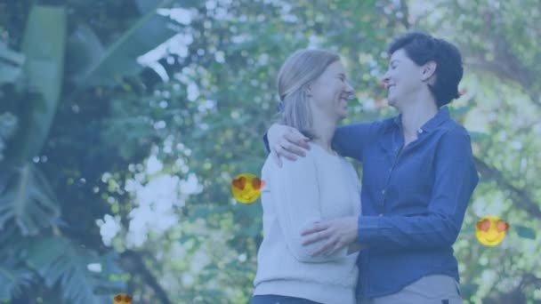 Animation Heart Emojis Happy Caucasian Female Couple Love Embracing Love — Stock Video
