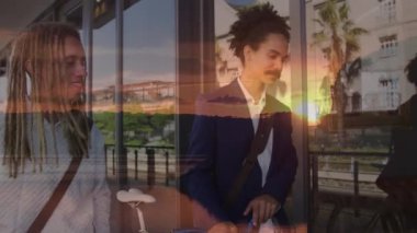 Animation of landscape over two smiling men walking in city with bike. Global networks, business, finance, computing and data processing concept digitally generated video.