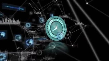 Animation of moving clock over network of connections with data processing on black background. Global technology, computing and digital interface concept digitally generated video.