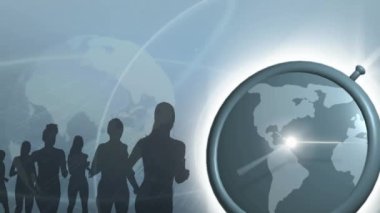 Animation of runners silhouettes over globe on grey background. Sport, competition and movement concept digitally generated video.