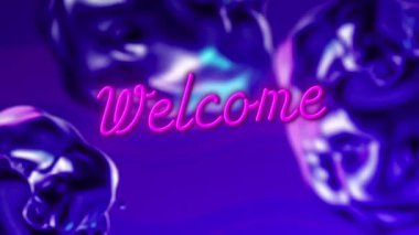 Animation of welcome text over blue liquid background. Retro future and pattern concept digitally generated video.