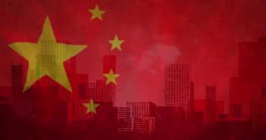 Animation of cityscape over flag of china. Global business, finance, computing and data processing concept digitally generated video.