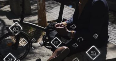 Animation of 6g text over caucasian businessman using smartphone. Global technology, finances and digital interface concept digitally generated video.