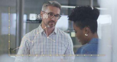 Animation of data processing over diverse business people working at office. Global business and digital interface concept digitally generated video.