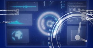 Animation of clock, data processing over digital grid. Global online security, business, finance, computing and data processing concept digitally generated video.