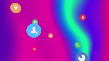 Animation of media icons over blue and pink shapes moving. Social media concept digitally generated video.