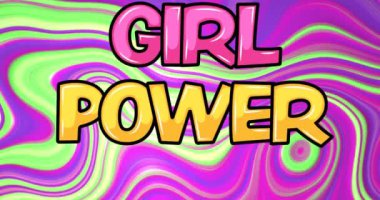 Animation of girl power text over colourful liquid background. Retro future and pattern concept digitally generated video.