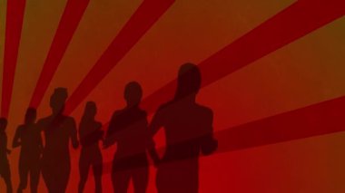 Animation of runner silhouettes over shapes on orange background. Sport, competition and movement concept digitally generated video.