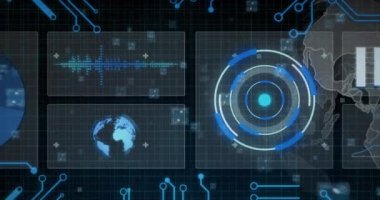 Animation of data processing, globe and computer circuit board. Global business, finance, computing and data processing concept digitally generated video.