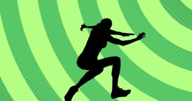 Animation of sportswoman silhouette with speech bubble over shapes on green background. Sport, competition and movement concept digitally generated video.