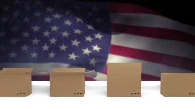 Animation of conveyor belt with cardboard boxes over flag of united states of america. American patriotism and tradition concept digitally generated video.