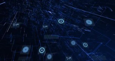 Animation of scopes scanning and data processing on dark background. Global connection, communication and data processing concept digitally generated video.