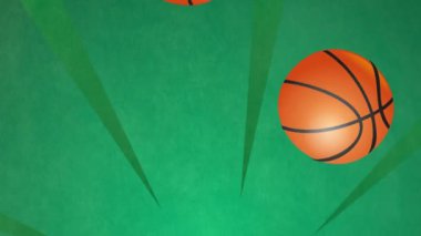 Yeşil arka plandaki şekillerin üzerinde basketbol toplarının canlandırılması. Spor, rekabet ve hareket konsepti dijital olarak oluşturulmuş video.