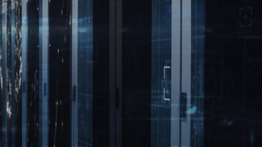 Animation of shapes moving and data processing over server room. Global business and digital interface concept digitally generated video.