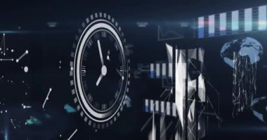 Animation of data processing over clock. Global online security, business, finance, computing and data processing concept digitally generated video.