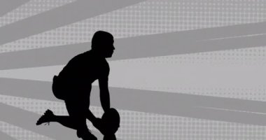 Animation of rugby player silhouette with speech bubble over shapes on grey background. Sport, competition and movement concept digitally generated video.