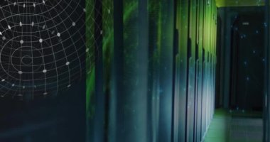Animation of shapes moving and globe over server room. Global business and digital interface concept digitally generated video.