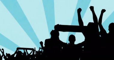 Animation of supporters silhouettes over shapes on blue background. Sport, competition and movement concept digitally generated video.