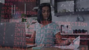 Animation of data processing over woman using laptop. Global computing, connections, communication and data processing concept digitally generated video.