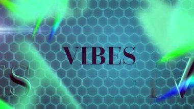 Animation of vibes text over shapes on blue background. Abstract background, pattern and movement concept digitally generated video.