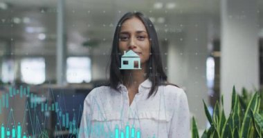 Animation of data processing over biracial businesswoman smiling in office. Global business and digital interface concept digitally generated video.