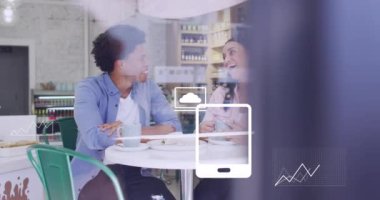 Animation of icons and data processing over diverse people drinking coffee in cafe. Global shopping, business, finance, computing and data processing concept digitally generated video.