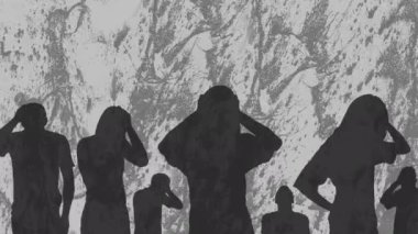 Animation of people silhouettes over shapes on grey background. Abstract background, pattern and movement concept digitally generated video.