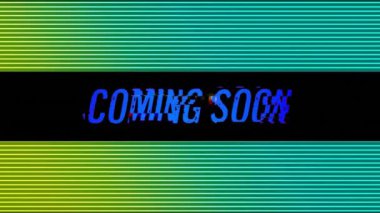 Animation of coming soon text and lines over black background. Retro future and pattern concept digitally generated video.