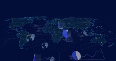 Animation of statistics and data processing over world map. Global science, business, finance, computing and data processing concept digitally generated video.