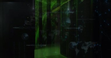 Animation of shapes moving and globe over server room. Global business and digital interface concept digitally generated video.