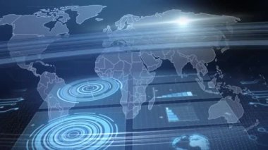 Animation of statistics and data processing over world map. Global science, business, finance, computing and data processing concept digitally generated video.