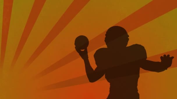 Animacja Amerykańskiej Sylwetki Piłkarza Nad Kształtami Pomarańczowym Tle Koncepcja Sportu — Wideo stockowe