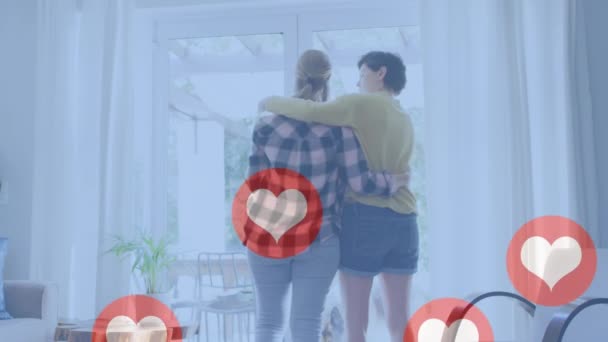 Animation Heart Emojis Happy Caucasian Female Couple Love Embracing Love — Stock Video