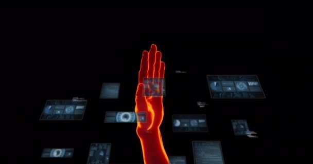 Animering Röd Hand Scopes Skanning Och Databehandling Över Skärmar Mörk — Stockvideo