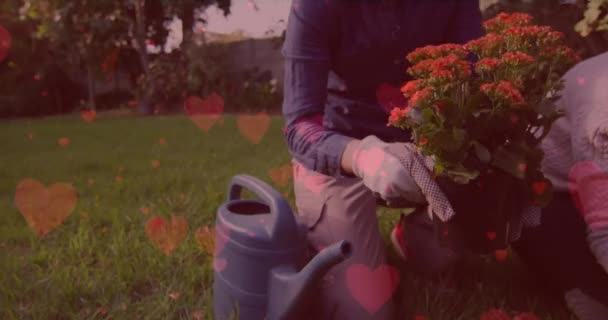 Animacja Emoji Serca Nad Białymi Kobietami Ogrodniczymi Koncepcja Miłości Romansu — Wideo stockowe