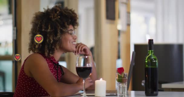 Animation Hearts African American Woman Drinking Wine Having Video Call — Vídeo de stock