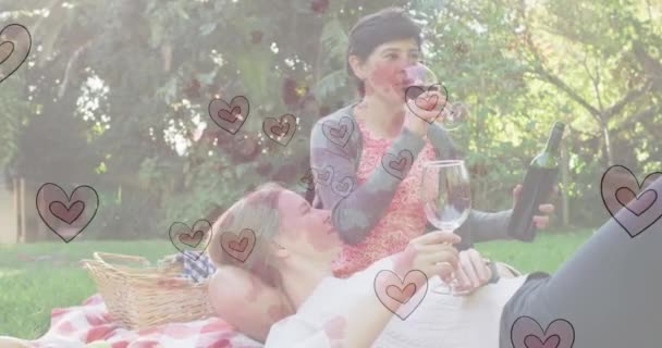 Animation Heart Emojis Happy Caucasian Female Couple Love Drinking Wine — Stock Video