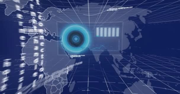 Анимирование Обработки Вычислительных Данных Карте Мира Концепция Глобальной Науки Бизнеса — стоковое видео