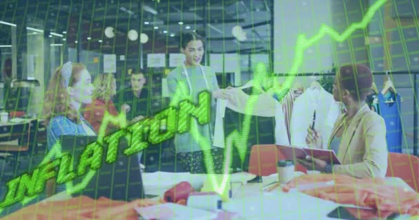 Animation Data Processing Inflation Text Diverse Business People Working Office — Vídeo de Stock