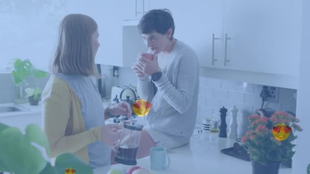 Animation Heart Emojis Happy Caucasian Female Couple Love Drinking Coffee — Stock Video