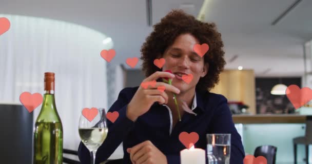Animation Hearts Biracial Man Drinking Wine Having Video Call Valentines — Stock videók