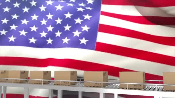 Animación Cinta Transportadora Con Cajas Cartón Sobre Bandera Estados Unidos — Vídeos de Stock