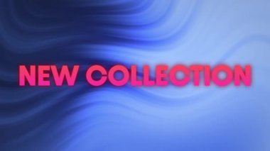Animation of new collection text over shapes on blue background. Abstract background, pattern and colour concept digitally generated video.