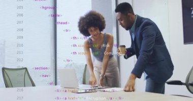Animation of data processing over diverse business people working at office. Global business and digital interface concept digitally generated video.