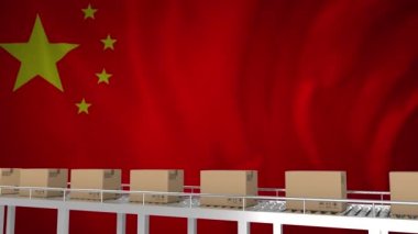 Çin bayrağı üzerine konveyör bandı üzerindeki karton kutuların animasyonu. Küresel iş, finans, bilgisayar ve veri işleme kavramı dijital olarak oluşturulmuş video.