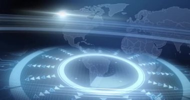 Animation of data processing over world map. Global online security, business, finance, computing and data processing concept digitally generated video.