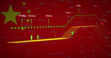 Animation of financial data processing over flag of china. Global business, finance, computing and data processing concept digitally generated video.