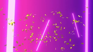 Animation of shine text over confetti and neon lines on purple background. Abstract background, pattern and movement concept digitally generated video.
