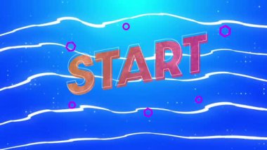 Animation of start text over shapes on blue background. Abstract background, pattern and colour concept digitally generated video.