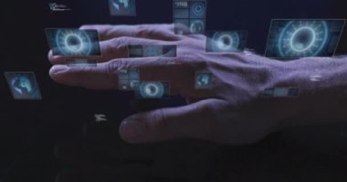 Animation of biometric hand check, scopes and data processing on dark background. Global computing, connections, communication and data processing concept digitally generated video.